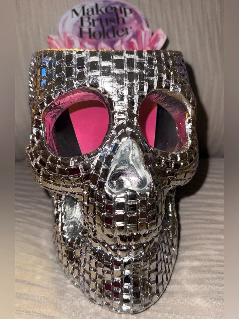 Makeup Brush Holder Skull - Silver Decorative Organizer